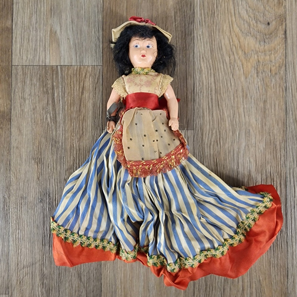 Vintage Hard Plastic Folk Costume Doll Black Hair Blue White Striped Dress 10"